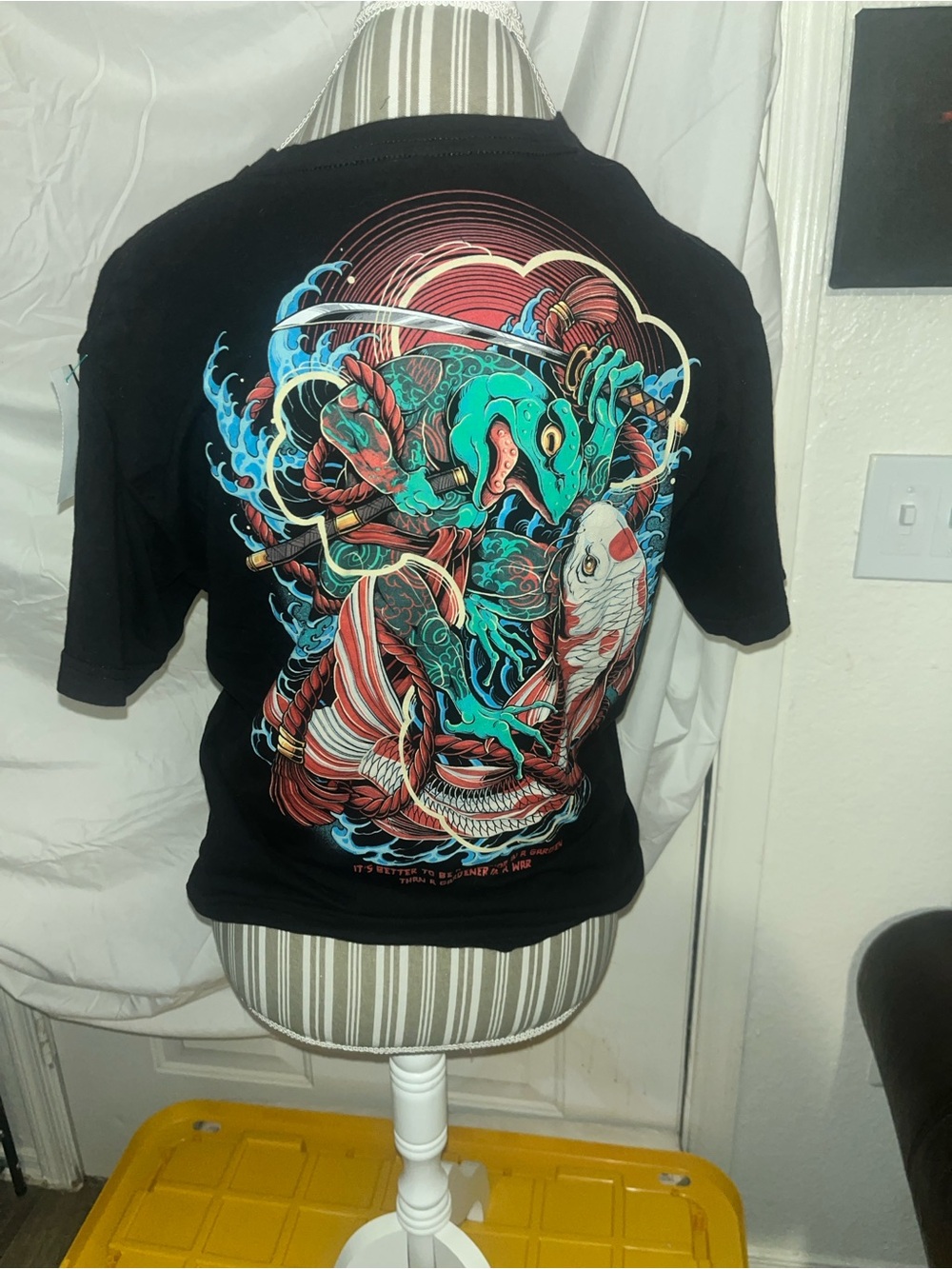 Men's Black Graphic Tee with Colorful Koi & Frog Illustration